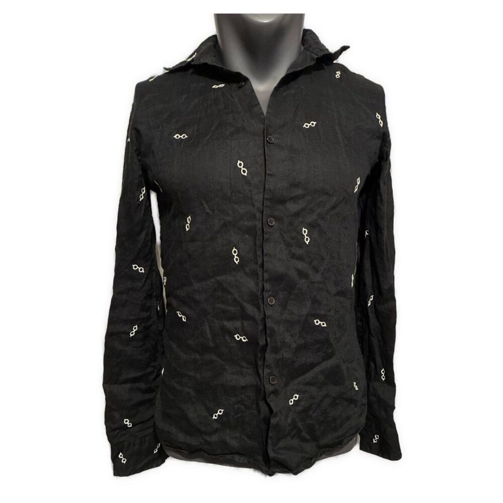 jupe by Jackie mens Hand Embroidered Black White Long Sleeve 100% linen shirt M